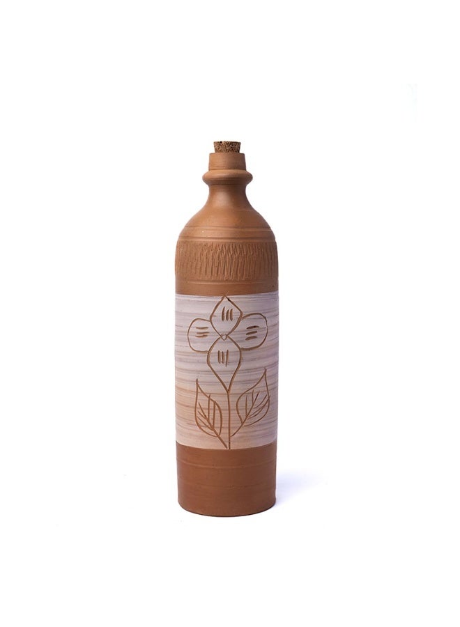 ارك زجاجة ماء من التيراكوتا بسعة 1 لتر مصنوعة يدويًا من ARKs مع سدادة فلّين | زجاجة طينية ثنائية اللون بزخرفة زهور | تبريد طبيعي للماء | أدوات شرب قابلة لإعادة الاستخدام وصديقة للبيئة - Image 1